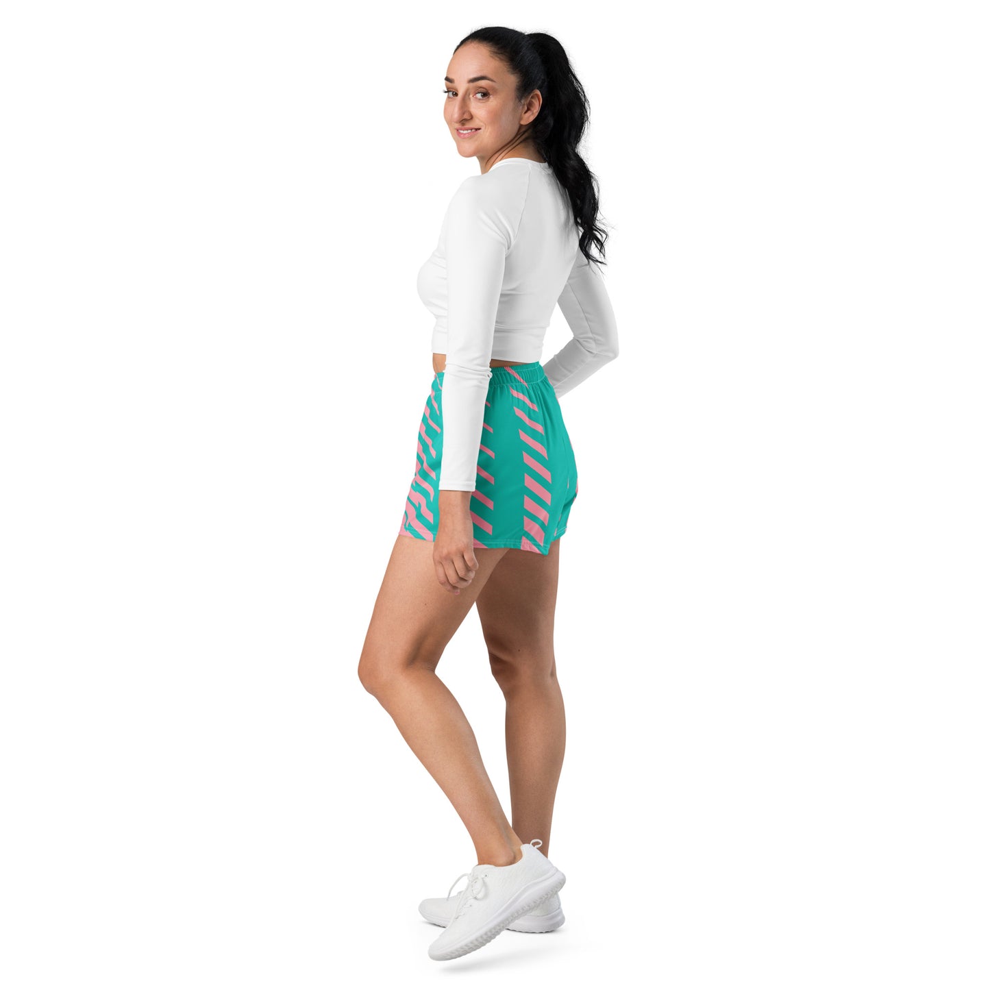 Royal-tz Women’s Crown Recycled Athletic Shorts -Teal and Pink